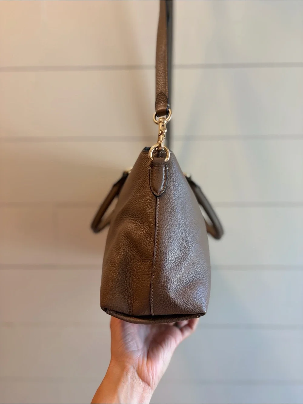 COACH Brown Pebbled Leather Convertible Crossbody Satchel with Gold Hardware